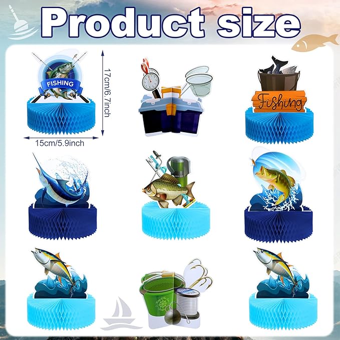 Sureio 9 Pcs Fishing Table Centerpiece Fishing Party Decorations gone Fish Table Decor 3D Paper Signs Honeycomb Fish Birthday Party Supplies for Baby Shower Retirement Theme Father's Day