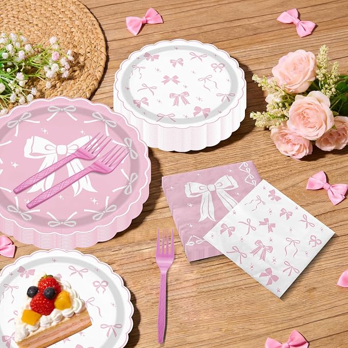 Pink Bow Party Supplies Set for 20 Guests, Including Tablecloths, Forks, Napkins and Plates for Pink Bow Birthday Decorations Coquette Birthday Party Bachelorette