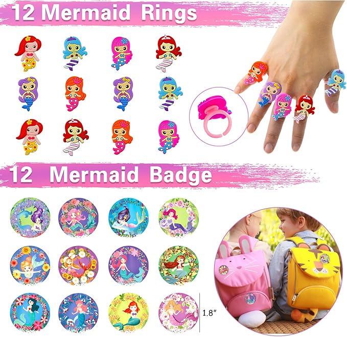 134Pcs Mermaid Party Favors Birthday Decorations for Girls, Party Supplies Include 12 Bracelet, 12 Necklace, 12 Hairpin, 12 Ring, 12 Stampers, 12 Button Pins, 12 Gift Bag, 50 Stickers