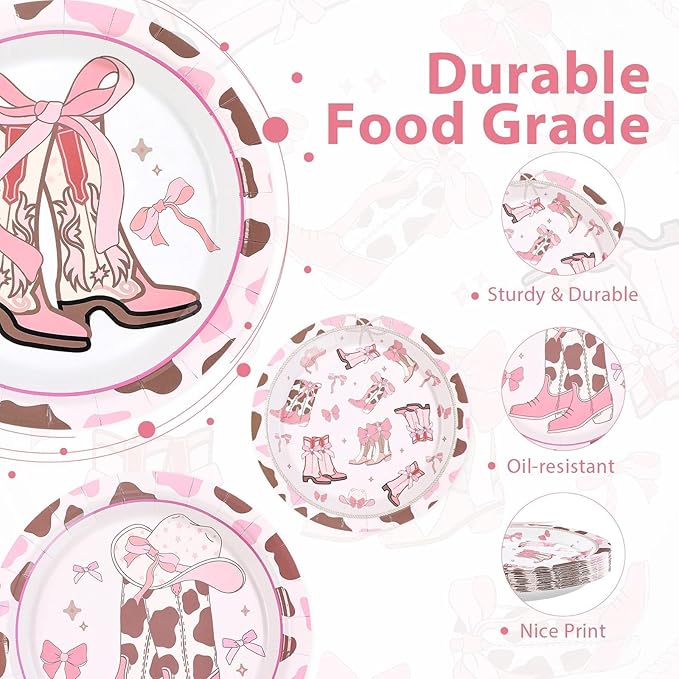 60Pcs Coquette Cowgirl Birthday Party Decorations 9" Western Bow Cowgirl Plates Disposable Pink Bows Rodeo Bachelorette Tableware for Western Cowgirls Themed Birthday Baby Shower Party Supplies