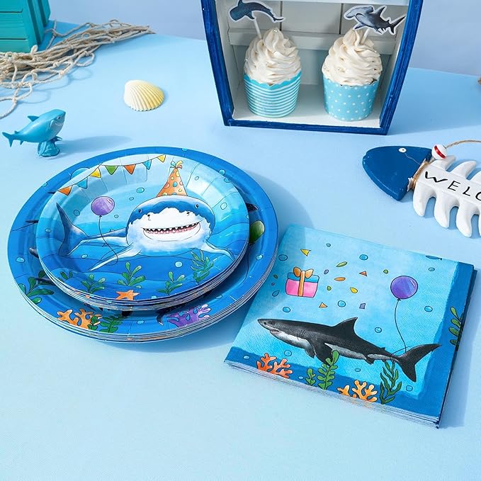 WERNNSAI Shark Birthday Party Decorations - 64PCS Shark Plates Napkins Forks Under the Sea Theme Party Supplies for Kids Boys Summer Baby Shower Birthday Decor Serves 16 Guests