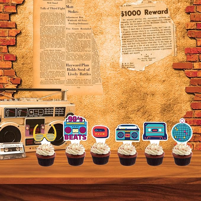 Cupcake Topper 24 pcs Retro Cake Toppers 90's Vintage Theme Cake Decorations Supplies Favors, Cake Picks For Birthday Anniversary Baby Shower Wedding Engagement Party Decorations