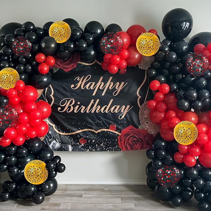 Red Black Cheetah Balloons, 60Pcs 12Inch Black Red Metallic Gold and Leopard Print Balloons with Confetti Latex Balloon for Wild Animal Jungle Safari Zoo Theme Birthday Bachelorette Party Decoration