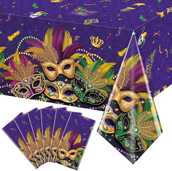 6 Pack Mardi Gras Tablecloth, Masquerade Dancing Table Decorations, Plastic Purple Table Cover Backdrop for Mardi Gras Carnival Party Supplies and Decors, 54 x 108 Inch