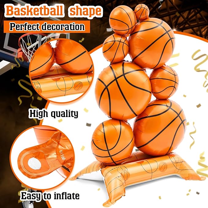 Soulchen 1 Pack Giant Self Standing Basketball Foil Balloons 3.5 ft with Field Base for Birthday Themed Party Decoration Sports Supplies Decor (Basketball Pile)