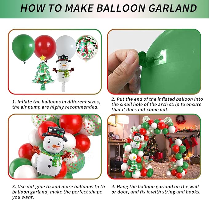 Christmas Balloon Garland Arch Kit Red Green White Latex Balloons Red Green Confetti Balloon with Mini Snowman Christmas Tree Foil Balloons for Xmas New Year Party Decortaion Supplies