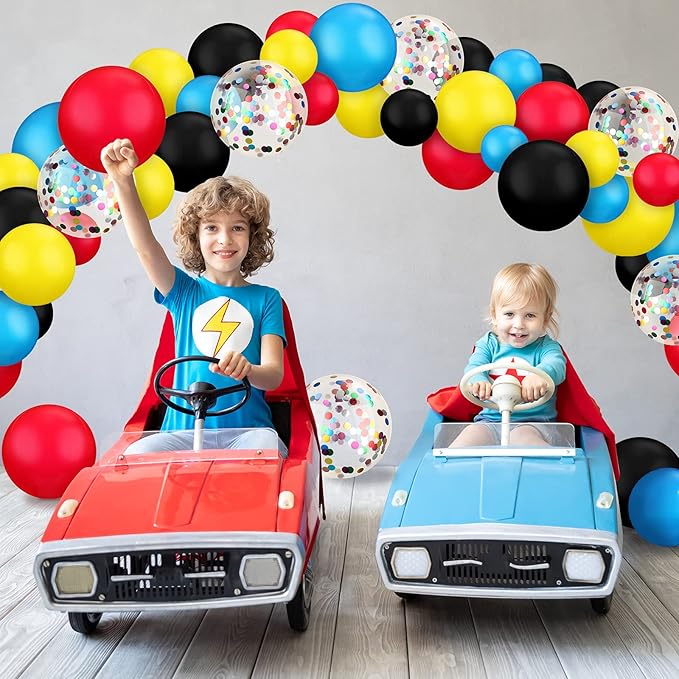147 Pieces Theme Balloon Decorations Arch Garland Kit Include Blue Red Yellow Black Balloons with Confetti Balloons and Roll Tape for Kids Birthday Party Supplies