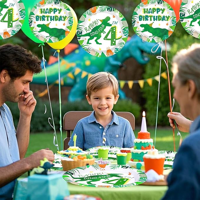 Grencian 96Pcs Dinosaur 4th Birthday Decorations Dinosaur 4th Birthday Plates Roar Im Four Paper Tableware Set for Boys Dino Four Year Old Birth-day Party Decorations, Serves 24