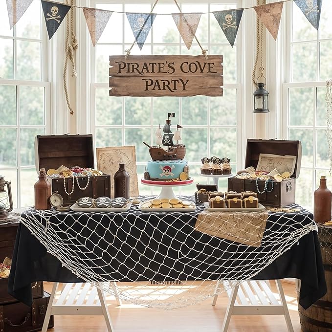 Unittype 8 Pcs Fish Net Decorative and Tablecloth Set, Cotton Fishnet and Plastic Table Cover Decorations Set for Nautical Themed Party Baby Shower Pirate Decorations Mermaid Party (Pirate Color)