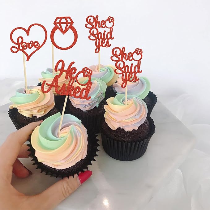 Gyufise 24 Pieces Red Glitter Engagement Cupcake Toppers He Asked She Said Yes Diamond Ring Heart Cupcake Picks for Wedding Bridal Shower Party Cake Decorations