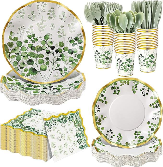 350 Pcs Sage Green Party Supplies Tableware Set Disposable 9'' 7'' Paper Plates 9 oz Cups Cutlery Napkins Dinnerware Set for Wedding, Bridal Birthday Serve 50 (Sage, Green, Gold)