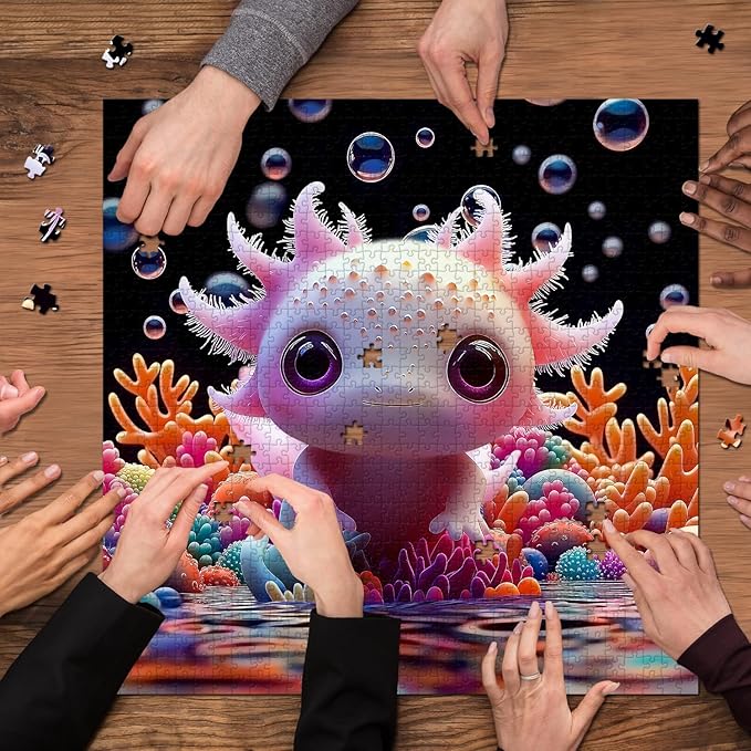 PICKFORU Cute Axolotl 1000 Piece Puzzle for Adults, Colorful Sea Animal Undersea Corals Jigsaw Puzzles, Impossible Hard Unique Art Theme as Home Decor
