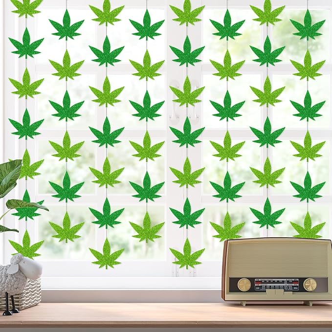 Capoda 8 Pcs Weed Decorations Pot Weed Leaves Garlands Green Leaves Garland Banner Glitter Green Leaf Paper Cutouts Hanging Decor for 420 Birthday Party Supplies