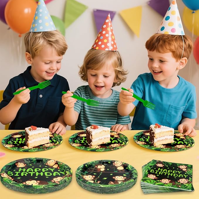 Monkey Party Supplies - Monkey Party Tableware - Dinner Plates, Dessert Plates, Napkins, Forks for Wild Jungle Animal Monkey Theme Birthday Supplies, Serves 25