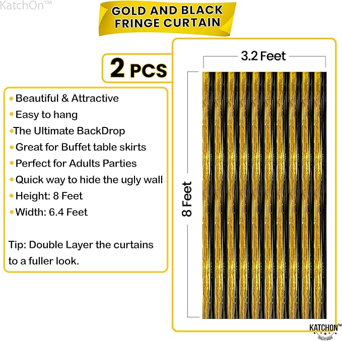 KatchOn, XtraLarge Black and Gold Streamers - 3.2x8 Feet, Pack of 2 | Fringe Curtain for New Years Decorations 2026 | New Years Streamers | Fringe Curtain for Black and Gold Party Decorations 2026