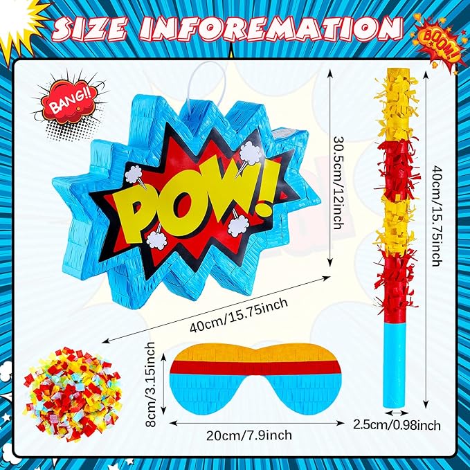Comic Book Pop Piñata for Birthday Party Colorful Piñata with Stick, Blindfold, Confetti for Adults Birthday Baby Shower Party Supplies