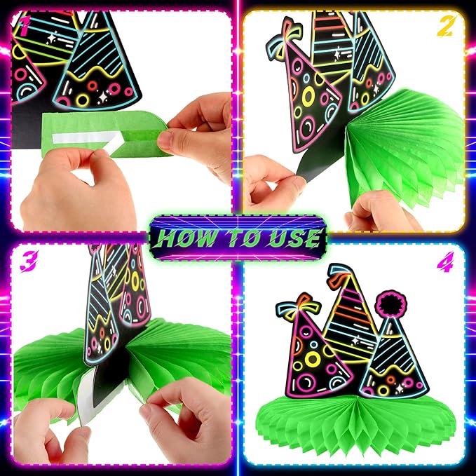 Chinco 6 Pcs Glow Party Birthday Centerpieces Neon Birthday Decorations Honeycomb Centerpieces for Tables Neon Party Supplies(Classic)