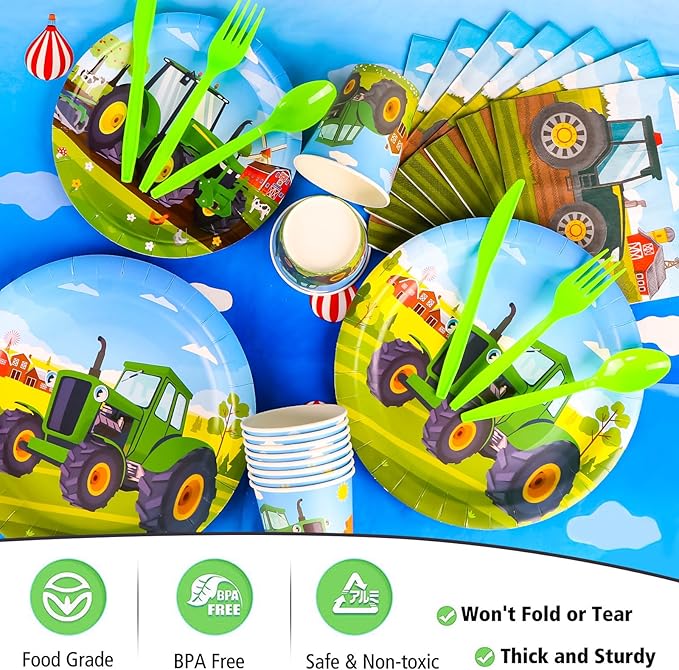 Farm Green Tractor Birthday Party Supplies, Tractor Birthday Decorations with Tractors Balloons, Backdrop, Tablecloth, Banner, Cake Toppers, John Deere Party Supplies Plates Napkins