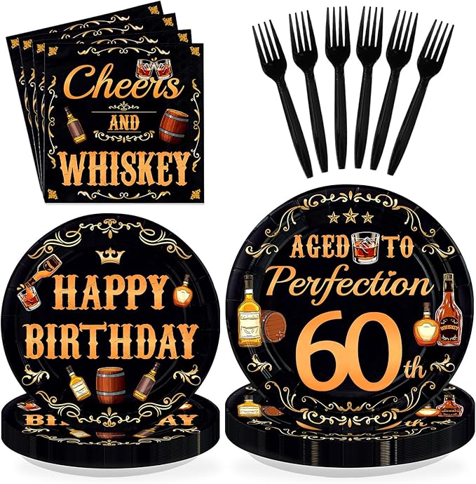 96 Pcs Whiskey 60th Birthday Party Supplies Aged To Perfection 60th Plates and Napkins Disposable Cheers and Whiskey Tableware Set for Men Vintage 60 Years Old Birthday Party Decorations Serves 24
