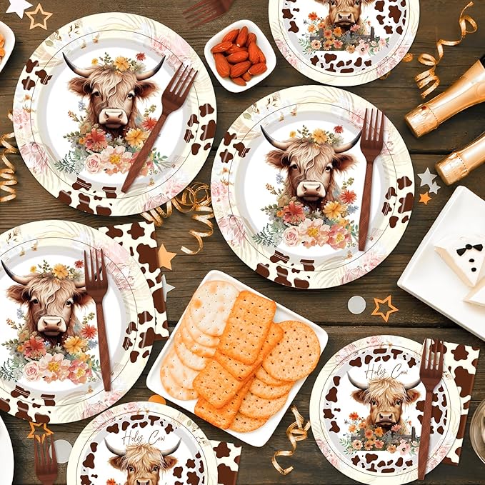 Highland Cow Party Supplies Tableware - 96 Pcs Brown Cow Tableware Disposable Plates Napkins Forks Sets for 24 Guests, Highland Cow Party Decorations Animal Party Favor for Baby Shower Kids Birthday