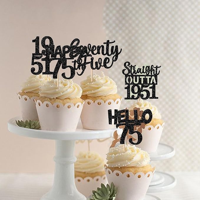 30PCS Black 75th Birthday Cupcake Toppers Glitter Seventy Five Happy 75th Straight Outta 1951 Cupcake Picks for Cheers to 75 Years Birthday Anniversary Party Cake Decorations Supplies