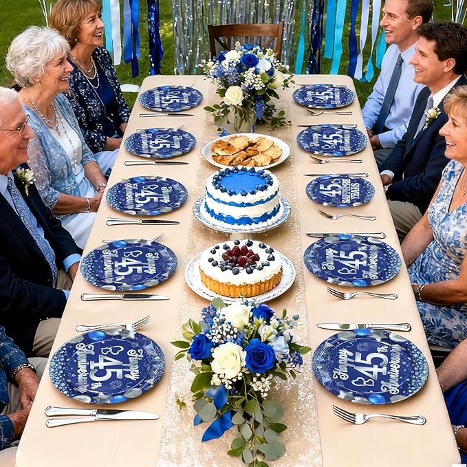 96Pcs 45th Anniversary Decorations Blue Sapphire 45th Wedding Plates and Napkins Cheers to 45 Years Tableware Sets for 45 Birthday Anniversary Party Supplies,Serves 24