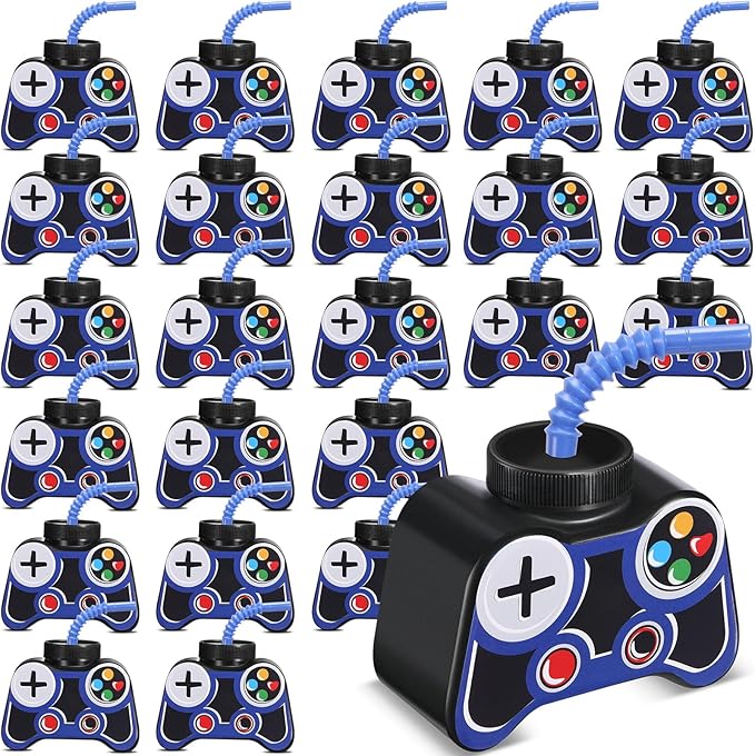 Mifoci 24 Pcs Plastic Video Game Party Cups with Straw and Lid 10oz Gamer Birthday Themed Drink Cups 7th Video Game Party Favors for Kids Toddlers Gamer Birthday Supplies (Blue)