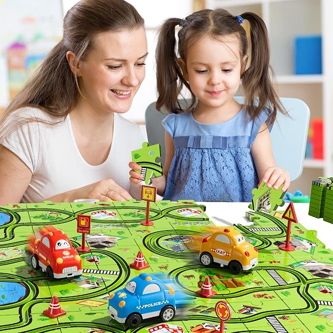 64PCS Puzzle Track Car Set Toys for Kids Boys, Toddler Toys Gifts for 3 4 5 Year Old, Floor Puzzle Tracks Car for Boys Ages 3-5 4-6, for 3 4 5 6 Year Old