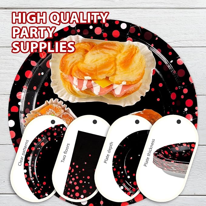 Grencian 96Pcs Black and Red Party Decorations Red Dot on Black Plates and Napkins Disposable Tableware Set for Birthday Baby Shower Wedding Party Supplies, Serves 24