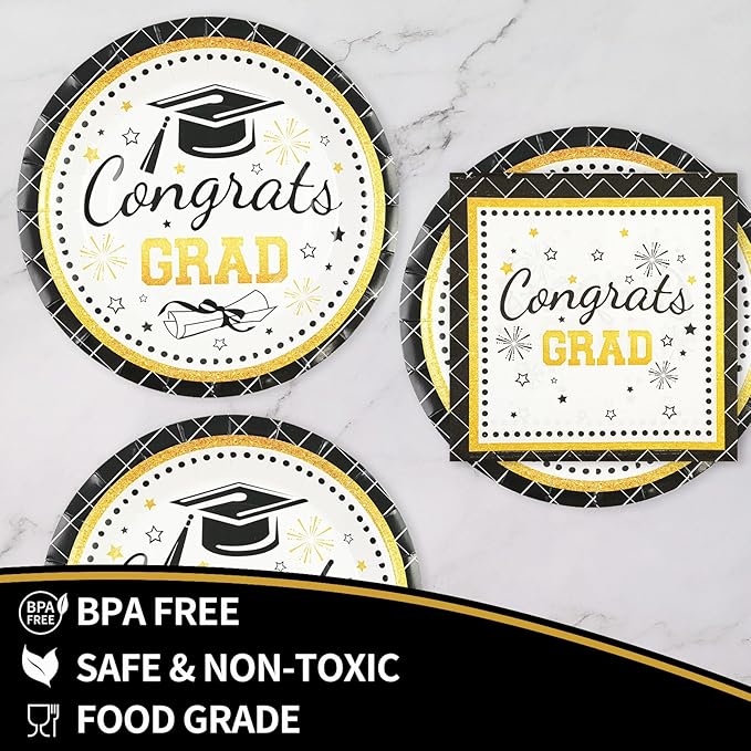 50PCS Graduation Plates Party Supplies, 7INCH Black and Gold Paper Plates and Napkins 2025 Graduations Party Decorations Disposable Tableware for College High School Congrats Grad Party Supplies