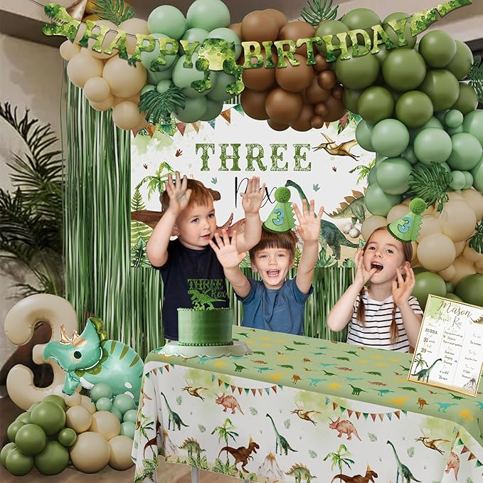 Three Rex Birthday Party Decorations Boy, Dinosaur 3rd Birthday Party Supplies, Three Rex Backdrop Tablecloth Fringe Curtain Balloon Arch Cake Topper Birthday Banner Hat