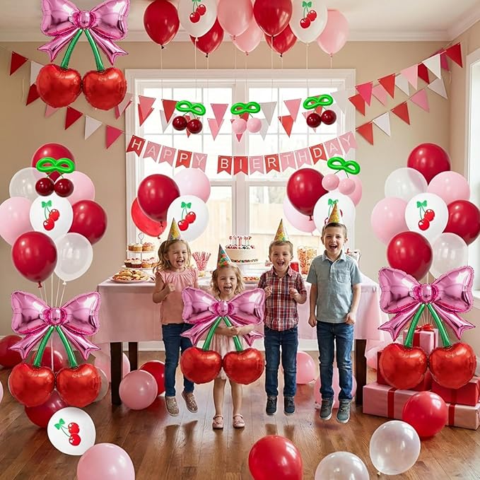 Bonropin 76pcs Pink Bow Red Cherry Balloons with Red Pink Cheery Print Balloon for She's The Cherry On Top Party Foil Balloon Berry First Birthday Decorations Baby Shower Bridal Wedding Party Supplies