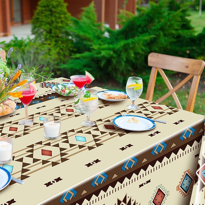 Frienda 3 Pcs Aztec Tablecloths Western Plastic Table Covers Waterproof Tribal Party Decorations Wild West Wooden House Table Cover for Western Barn Birthday Party