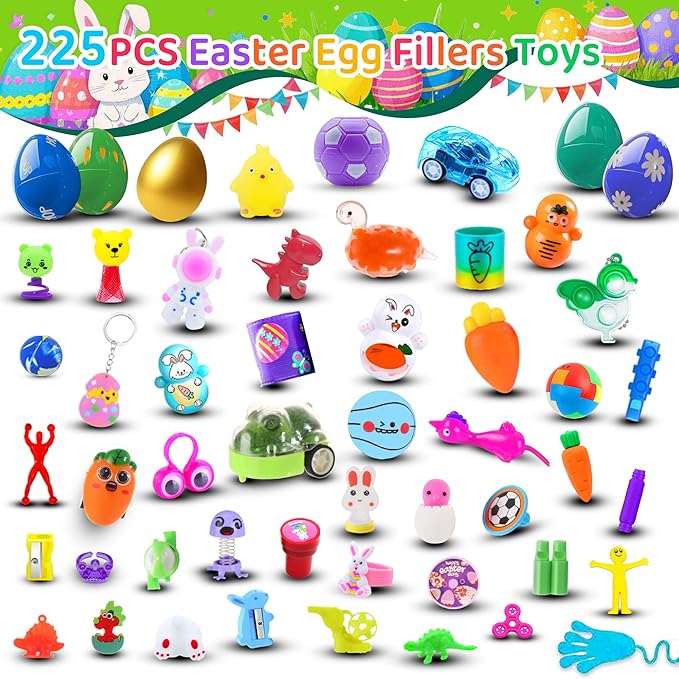 225Pack Prefilled Easter Eggs with Toys Inside for Easter Egg Hunting Basket Stuffers, Surprise Plastic Eggs Filled with Bulk Toys, Easter Party Supplies Gifts Classroom Prize for Kids