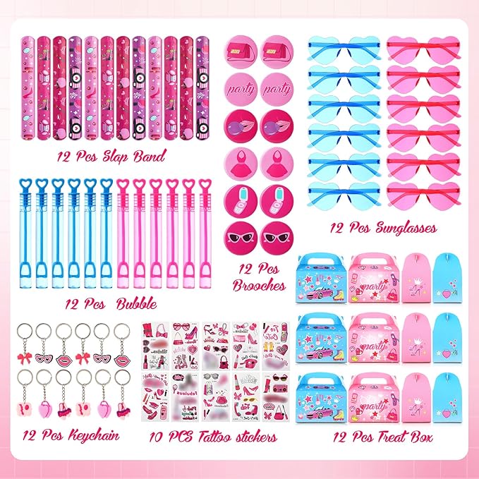82 Pcs Hot Pink Princess Party Favors Kit Pink Princess Party Supplies Includes Girl Keychains Stickers Bracelets Bubble Waters Sunglasses Button Badge Gift Box