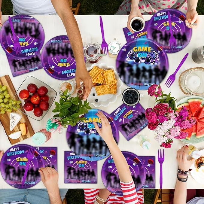 200Pcs Video Game Party Supplies Gaming Party Plates and Napkins Birthday Plates and Napkins for Royale Game Disposable Tableware Set Baby Shower Birthday Decor, 50 Guests