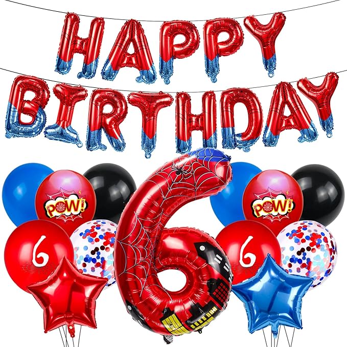 Cartoon Hero 40 Inch Red and Blue Spider Theme Number Foil Birthday Decoration Balloon, Spider Theme Happy Birthday Banner Party Decoration Balloon, Letter Logo Superhero Party Supplies (6)