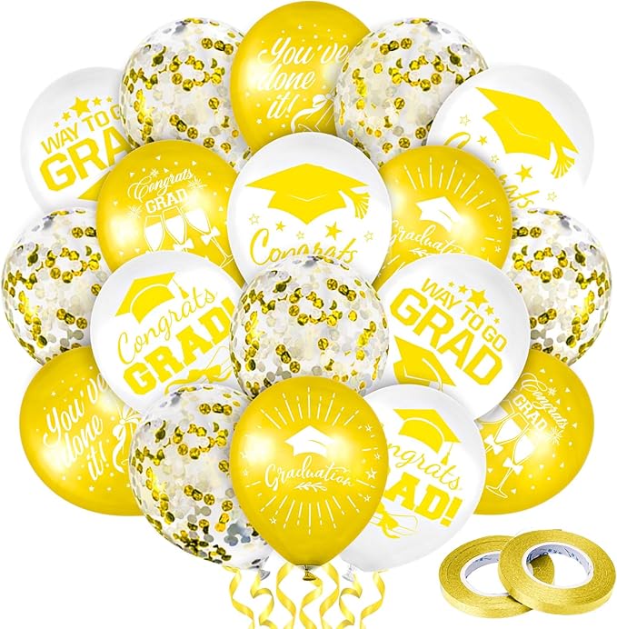Whaline 60Pcs Graduation Party Balloon Set 7 Designs Confetti Latex Balloon with 2 Rolls Ribbon Class of 2025 Grad Cap Congrats Grad Balloon for Graduation Party Decoration Supplies (Yellow, White)