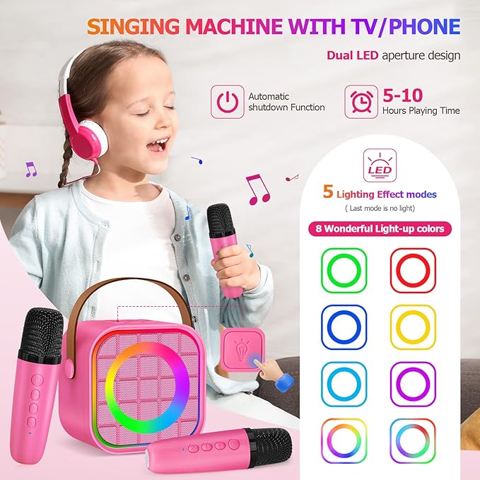 Mini Karaoke Machine with 2 Wireless Microphones for Kids Adults, Portable Bluetooth Singing Speaker Birthday Fun Gift for Girls Boys Ages 4,5,6,7,8,9,10+ Year Old, Toys for Party (Hotpink)