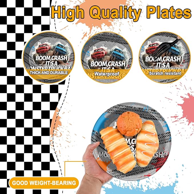 CHUNNIN 50Pcs Monster Truck Party Plates and Napkins Racing Car Party Decorations Monster Truck Disposable Race Car Tableware Set Serves 25 Guest Dinnerware Kids Boys Birthday Baby Shower Supplies