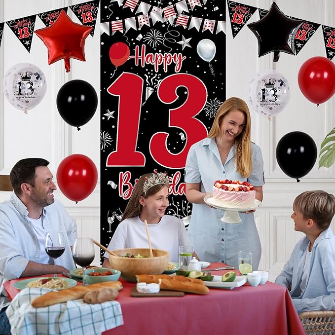 13th Birthday Decorations for Boys Girls, Red Black Happy 13th Birthday Door Banner Sign, Boy 13 Year Old Bday Party Decor Triangle Flag, Large 13 Balloons, Official 13 Teenager Decorations