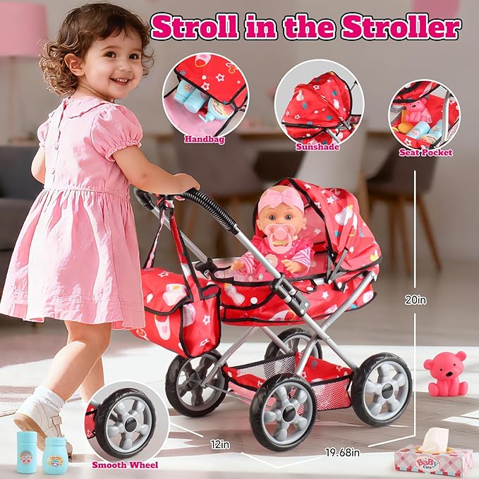 Baby Doll Stroller Set for Toddler Girls 3-5, A 12.5" Babydoll with Baby Doll Accessories, Pillow, Blanket & 2 Sets Clothes, Doll Playset Toy Stroller for Kids, Gift 3 4 5 Year Old Girl Toys