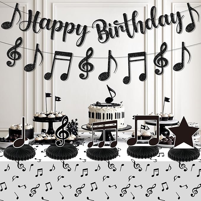 Music Party Decorations Black Musical Note Happy Birthday Bunting Banner Notes Tablecloth and 5Pcs Table Honeycomb Centerpieces Decor for Girls Kids Adults Music Themed Birthday Wedding Party Supplies