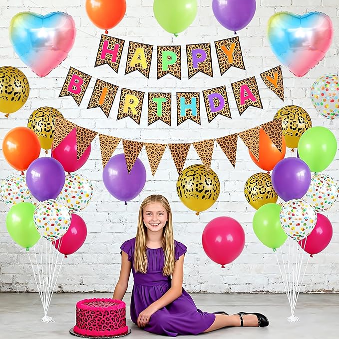Leopard Print Happy Birthday Decorations, Gold Cheetah Print Animal Balloons Rainbow Heart Balloon with Birthday Banner for Safari Wild Birthday Baby Shower Jungle Zoo Theme Party Supplies