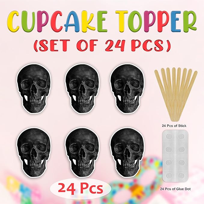Skull Cupcake Topper – Gothic-Themed Decorative Party Picks for Birthday Cupcakes, Horror Style Celebrations, Event Styling, Themed Parties, Halloween Displays, and Special Occasion Decorations