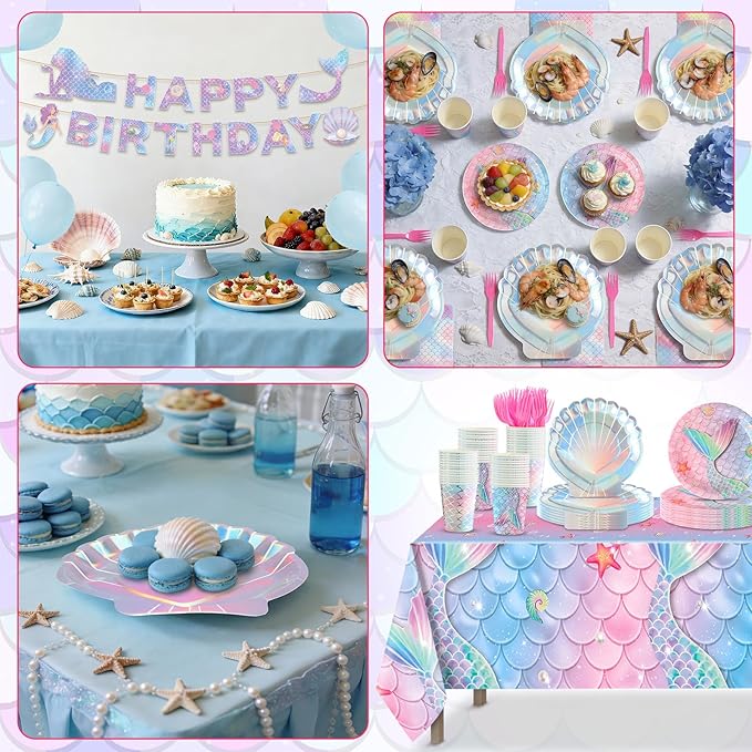 122 Pcs Mermaid Birthday Decorations Under the Sea Party Supplies Include Mermaid Banner Seashell Plates Napkins Tablecloth Cups Forks Pink Blue Ocean Theme Dinnerware Set, Serves 24