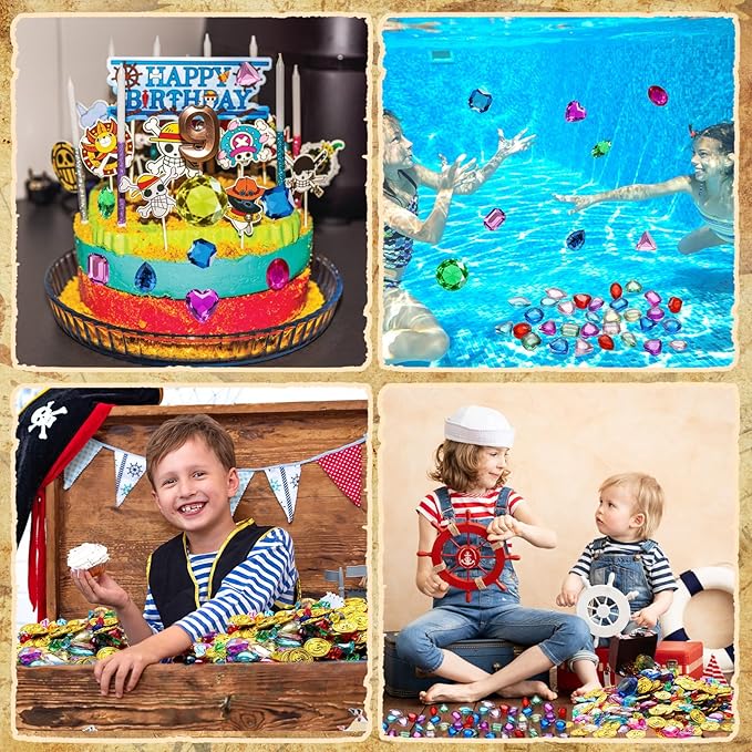 Gejoy 868 Pcs St. Patrick's Day Pirate Party Favors Pirate Treasure Jewels and Gold Fake Coins Booty Chest Play Set with Drawstring Bag for Summer Pool Diving Adventure Themed Party Decorations