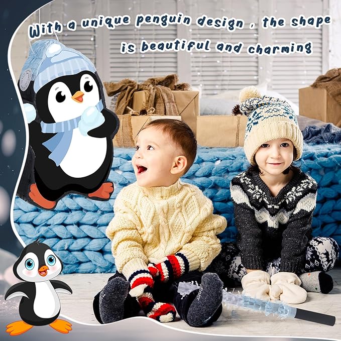 Lewtemi 15.1 Inch Penguin Piñata Penguin Party Favor Supplies Candy Animal Piñata with Stick Confetti and Blindfold Gift for Boy Girl Adults Winter Theme Birthday Party Supplies Decorations (Elegant)