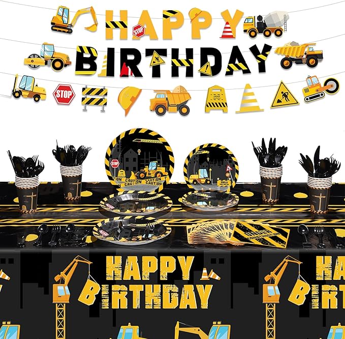 Tiamon 173 Pcs Construction Birthday Party Supplies Serves 24 Include Construction Tablecloth Dump Truck Banners Plates Napkins Tableware Set for 2nd Theme Birthday Party Decoration