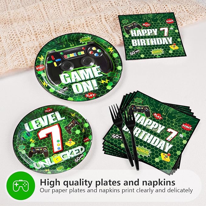 Grencian 96Pcs 7th Birthday Party Decorations Green Video Game Paper Plates Disposable 7th Birthday Paper Tableware Set for Boys 7 Year Old Video Gamer Birth-day Gaming Party, Serves 24